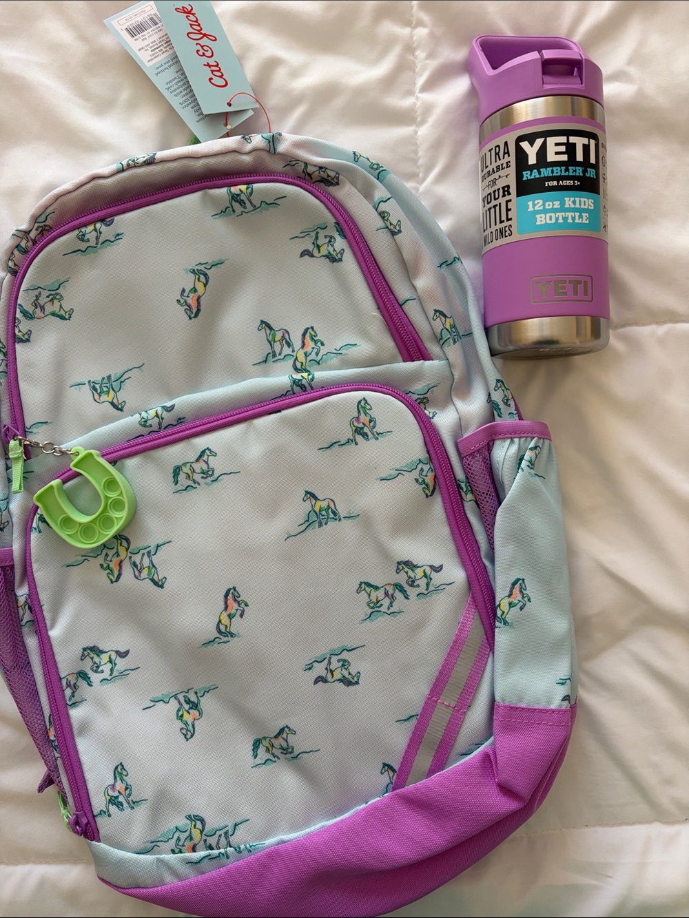 Cat & Jack Kids Unicorn Backpack in Light Blue & Purple and YETI rambler